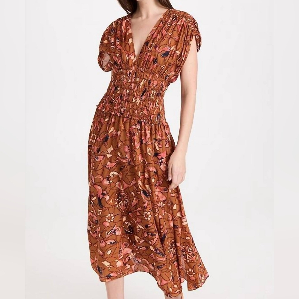 A.L.C. Lucia Corset Waist Cotton Floral Midi Dress Size 0 Bronze Navy Coral - Picture 13 of 14
